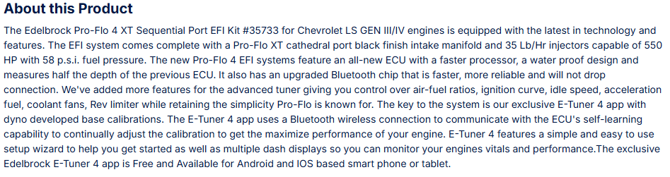 Edelbrock Pro-Flo 4 EFI XT-Style Kit For Chevrolet LS Gen III/IV