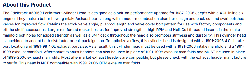 Performer Jeep 4.0L Cylinder Head, Bare
