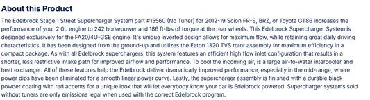 Edelbrock Stg 1 SC 12-19 Subaru BRZ/Scion FR-S/Toyota 86 2.0L W/O Tune