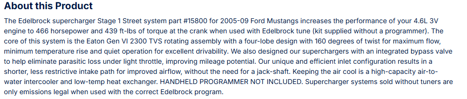 Edelbrock Stage 1 Supercharger For 2005-09 Mustang GT 4.6L 3V W/O Tune