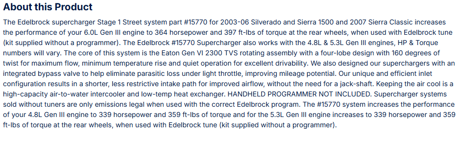 Edelbrock Stg 1 Supercharger 03-07 Silverado/Sierra 1500 4.8L/5.3L/6.0L