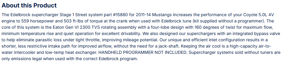 Edelbrock Stg 1 Supercharger For 11-14 Mustang GT 5.0L 4V Coyote W/O Tune