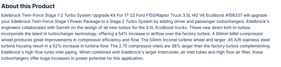 Edelbrock Twin-Force Stg 1-2 Upgrade Kit 17-22 Ford F150/Raptor 3.5L HO EcoBoost