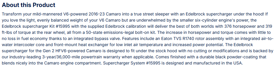 Edelbrock Stage 1 Supercharger Kit For 2016-23 Camaro 3.6L V6 W/ Tune