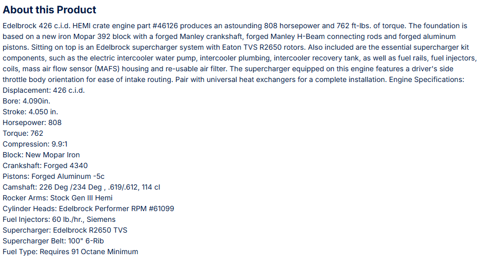 Edelbrock PartbCrate Engine Chrysler HEMI Gen III 426, Supercharged, 808 HP, 762 ft-lbs