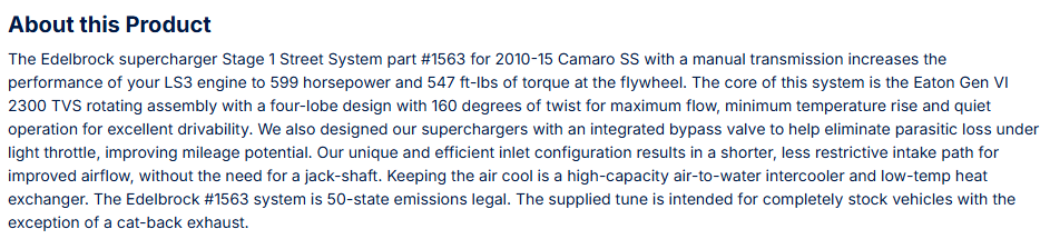Edelbrock Stg 1 Supercharger For 2010-15 Camaro SS LS3 Manual Tran W/ Tune