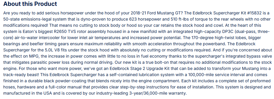 Edelbrock Stage 1 Supercharger Kit For 2018-21 Ford Mustang 5.0L W/ Tune
