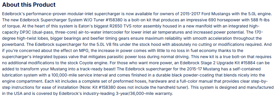 Edelbrock Stage 1 Supercharger For 2015-17 Ford Mustang 5.0L W/O Tune