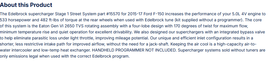 Edelbrock Stg 1 Supercharger For 15-17 Ford F-150 Coyote 5.0L 4V W/O Tune