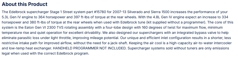 Edelbrock Stage 1 Supercharger 07-13 Silverado/Sierra 4.8L, 5.3L W/O Tune