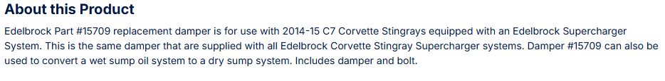 Edelbrock Replacement Harmonic Damper 14-15 Chevy Corvette Z51-Dry Sump