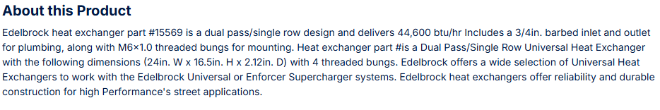 Edelbrock Heat Exchanger Dual Pass/Single Row 24" L x 16.5" W x 2.12" D