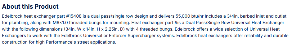 Edelbrock Heat Exchanger Dual Pass/Single Row 33.9" L x 14" W x 2.26" D