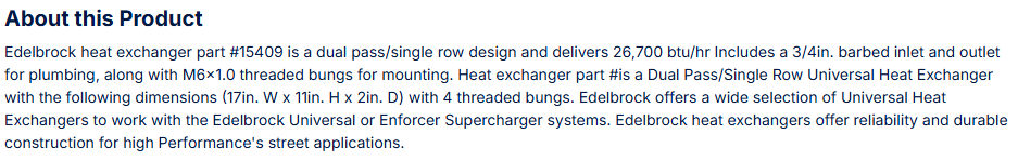 Edelbrock Heat Exchanger Dual Pass/Single Row 17" L x 11" W x 2" D