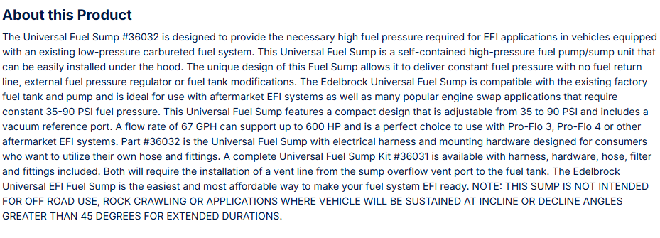 Edelbrock Universal EFI Fuel Sump, 35-90 PSI, 67 GPH/255 LPH