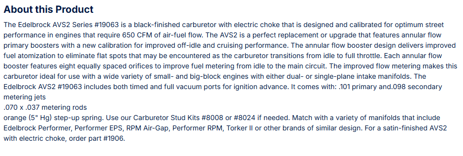 Edelbrock AVS2 Carburetor 650 CFM With Electric Choke, Black Powder Coat (Non-EGR)