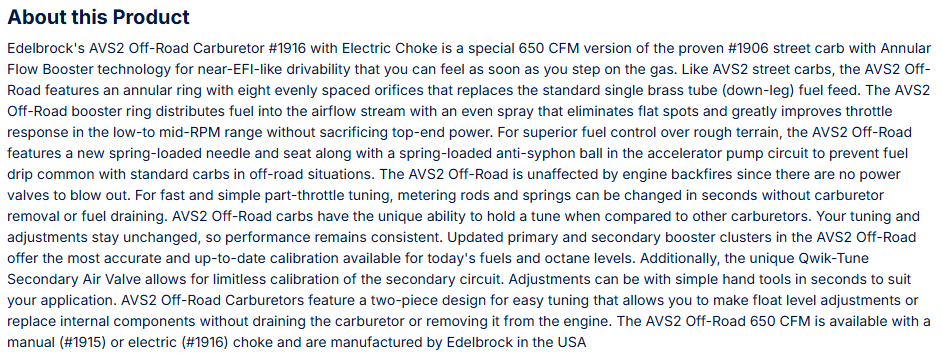 Edelbrock AVS2 Off-Road Carburetor 650 CFM W/ Electric Choke, Satin Finish (Non-EGR)