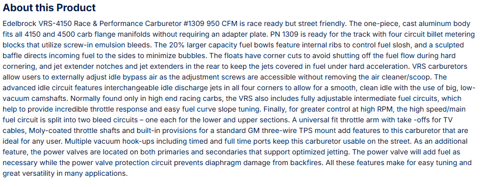Edelbrock VRS-4150 Carburetor 950 CFM
