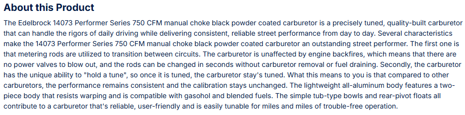 Edelbrock Performer Carb 750 CFM W/ Manual Choke, Black Powder Coated (Non-EGR)