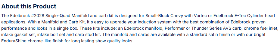 Edelbrock Single-Quad Manifold and carb Kit Small-Block Chevy with Vortec Heads