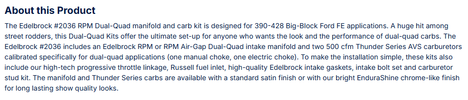 Edelbrock RPM Dual-Quad manifold and carb Kit for 390-428 Big-Block Ford FE