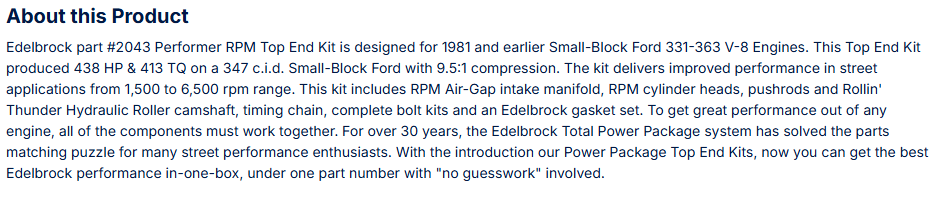 Edelbrock Performer RPM 438 HP Top End Kit for 1981 and earlier Ford 331-363 V8 Engines