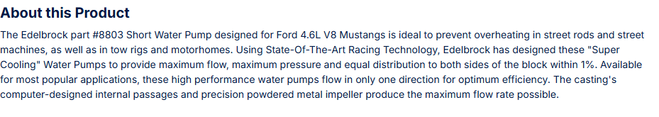 Edelbrock Water Pump Ford 4.6L V8 Mustang Short