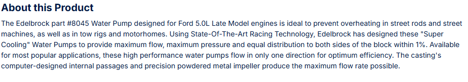 Edelbrock Water Pump Ford 5.0L Late Model
