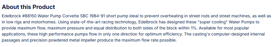 Edelbrock Water Pump for Small-Block 1984-91 350 c.i.d. Corvettes in Satin Finish (Short)