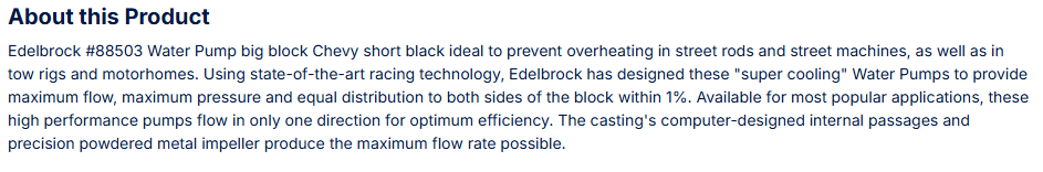 Edelbrock Water Pump Big-Block Chevy Short/Standard in Black Finish
