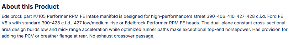 Edelbrock Performer RPM Ford FE 390 Intake Manifold