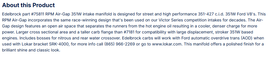 Edelbrock RPM Air-Gap Small Block Ford Polished Intake Manifold