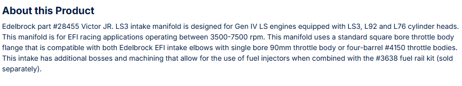 Edelbrock Victor Jr Small Block Chevy LS3/L76/L92 GM EFI Intake Manifold