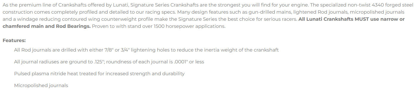 Lunati Signature Series Crankshaft - Chevrolet Big Block 4.750" Stroke (2-Piece Rear Main)