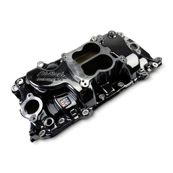 Edelbrock Performer 2-O Manifold for 1965-90 B/B Chevy Oval Port Heads, Black Plasma