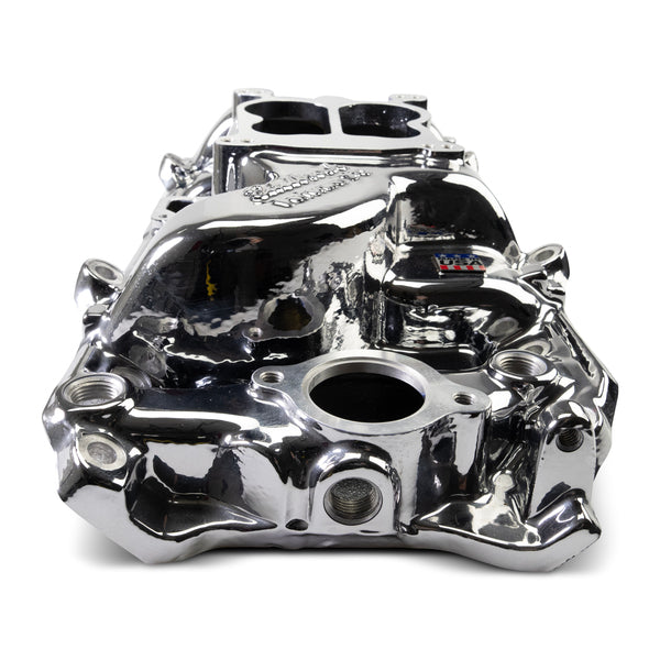 Edelbrock Performer 2-O Manifold for 1965-90 B/B Chevy Oval Port Heads, Chrome Plasma