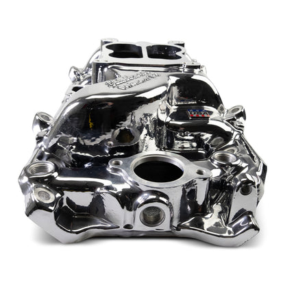 Edelbrock Performer 2-O Manifold for 1965-90 B/B Chevy Oval Port Heads, Chrome Plasma