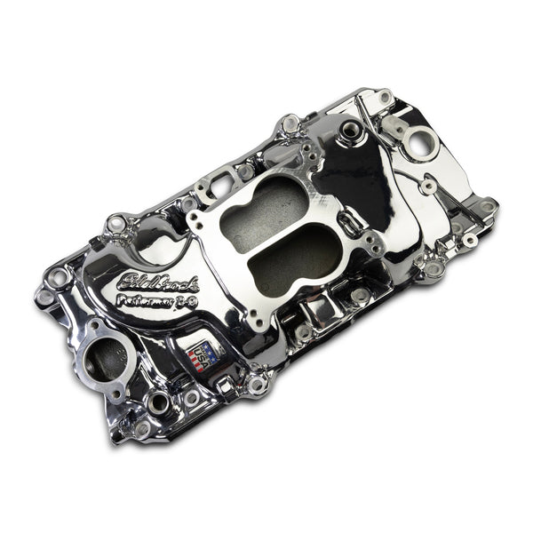 Edelbrock Performer 2-O Manifold for 1965-90 B/B Chevy Oval Port Heads, Chrome Plasma