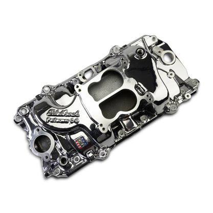 Edelbrock Performer 2-O Manifold for 1965-90 B/B Chevy Oval Port Heads, Chrome Plasma