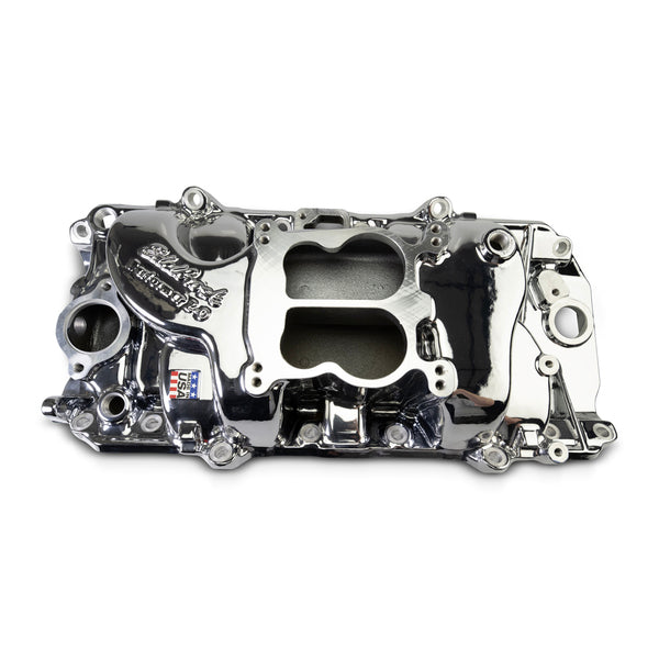 Edelbrock Performer 2-O Manifold for 1965-90 B/B Chevy Oval Port Heads, Chrome Plasma