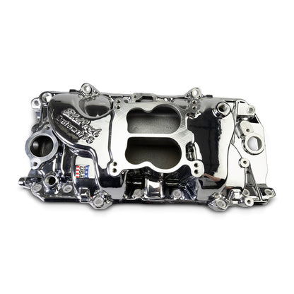 Edelbrock Performer 2-O Manifold for 1965-90 B/B Chevy Oval Port Heads, Chrome Plasma