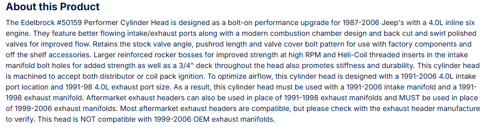 Performer Jeep 4.0L Cylinder Head, Bare