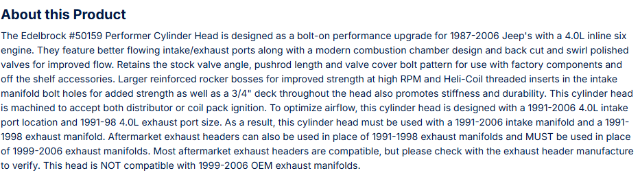 Performer Jeep 4.0L Cylinder Head, Bare