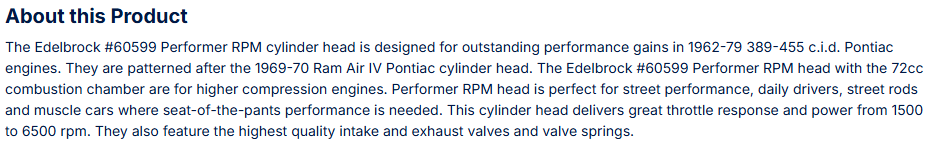 RPM Pontiac Cylinder Head 72 cc Hydraulic Flat Tappet Camshaft