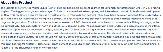 Victor Jr Gen V LT1 Chevy Cylinder Head Hydraulic Roller Camshaft