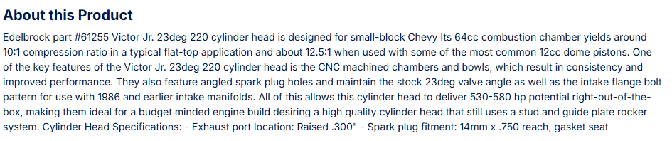 Victor Jr. 23 Deg Cylinder Head for Small-Block Chevy (220cc)