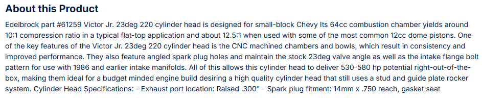 Victor Jr. 23 Deg Cylinder Head for S/B Chevy Mechanical Roller Cam (220cc)