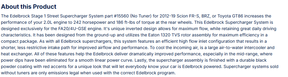 Edelbrock Stg 1 SC  12-19 Subaru BRZ/Scion FR-S/Toyota 86 2.0L W/O Tune