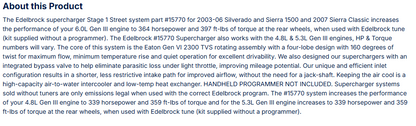 Edelbrock Stg 1 Supercharger  03-07 Silverado/Sierra 1500 4.8L/5.3L/6.0L