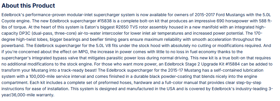 Edelbrock Stage 1 Supercharger Kit For 2015-17 Ford Mustang 5.0L W/ Tune